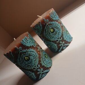 Decorative Brown and Blue Pillar Candles